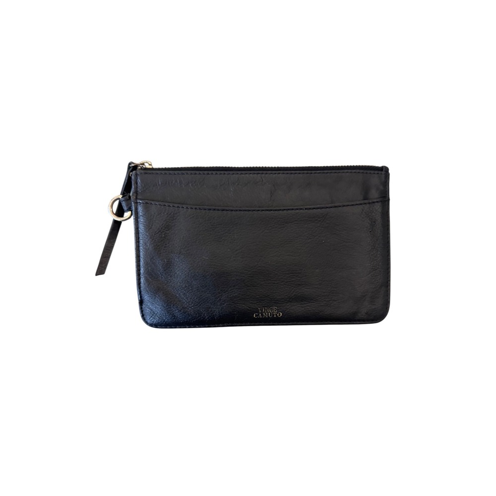 Vince Camuto Black Leather Zipper Pouch Wristlet Wallet Card Holder Gold Tone